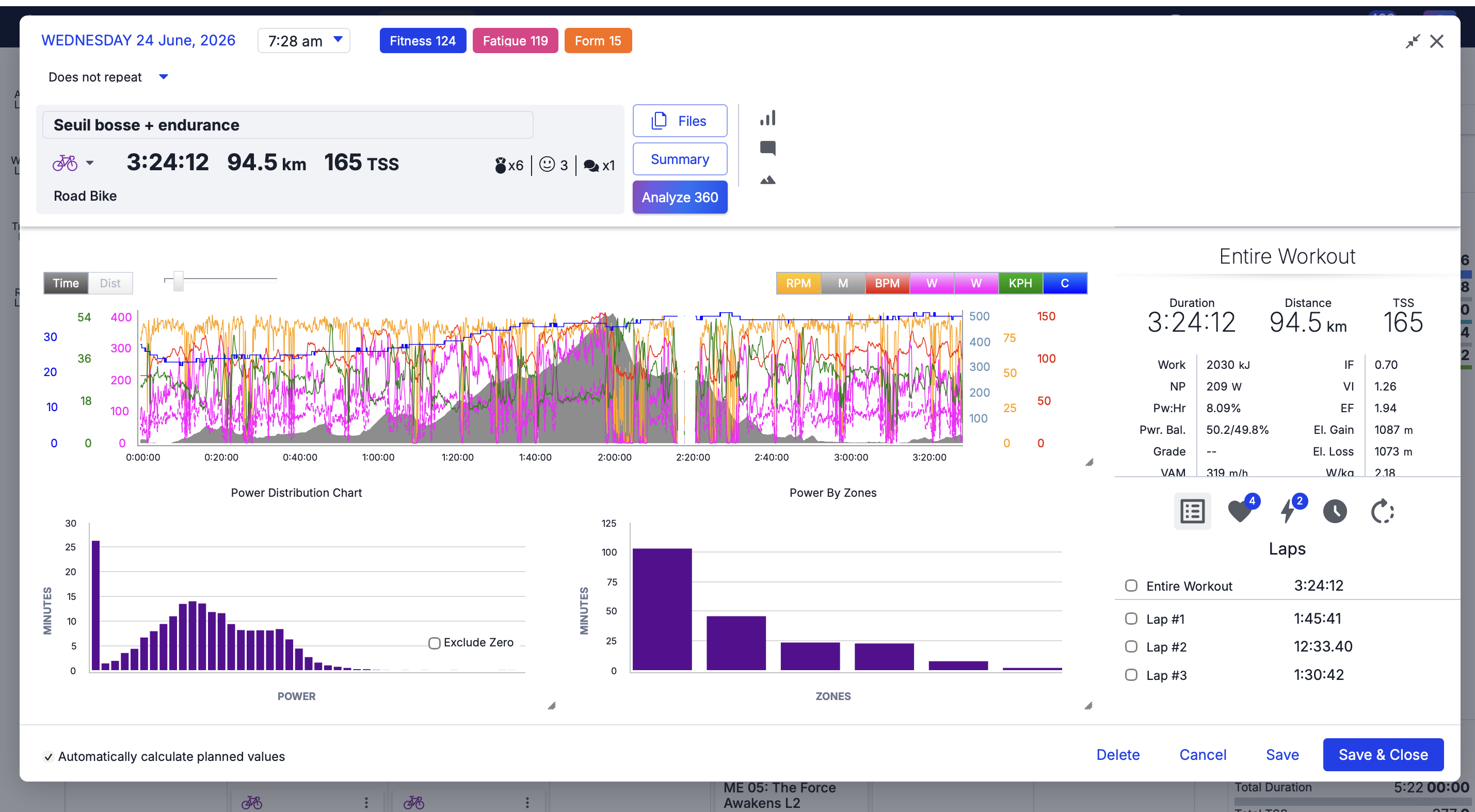 Vue d’analyse de séance TrainingPeaks — courbes de puissance, fréquence cardiaque, distribution par zones